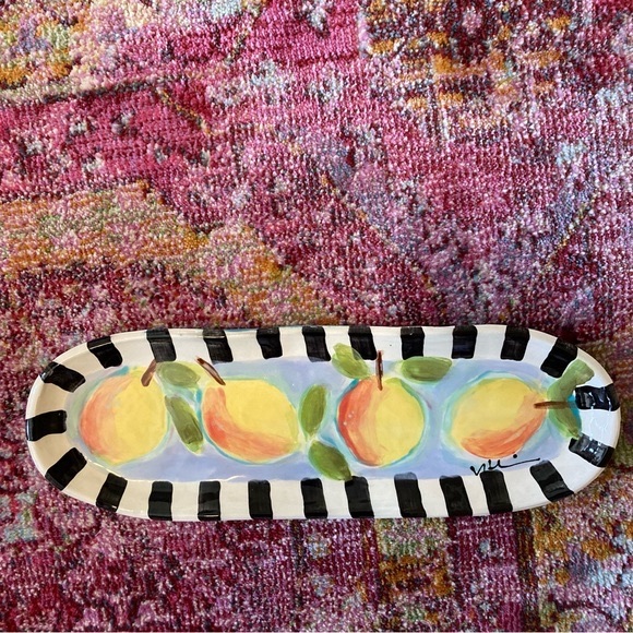 Handmade Large Ceramic Curved Bread Tray “Meyers lemons on Aqua “ 15”x5” - Picture 4 of 12